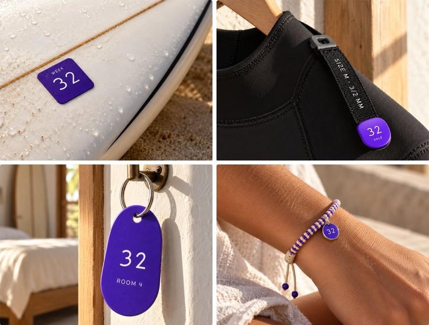 Semana 32, a surf week branded by Solé: its week-number mark on a surfboard, a wetsuit tag, a room key and a wristband.