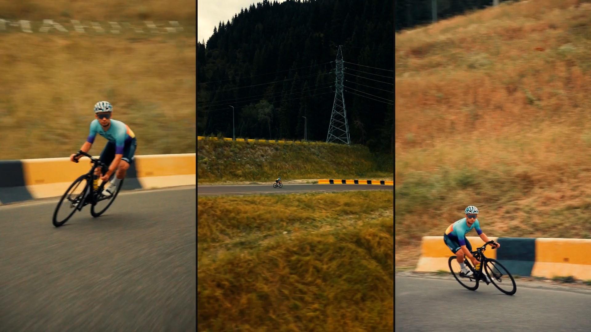 A road cyclist leaning into a bend, three angles side by side, a frame from Solé's own production reel.