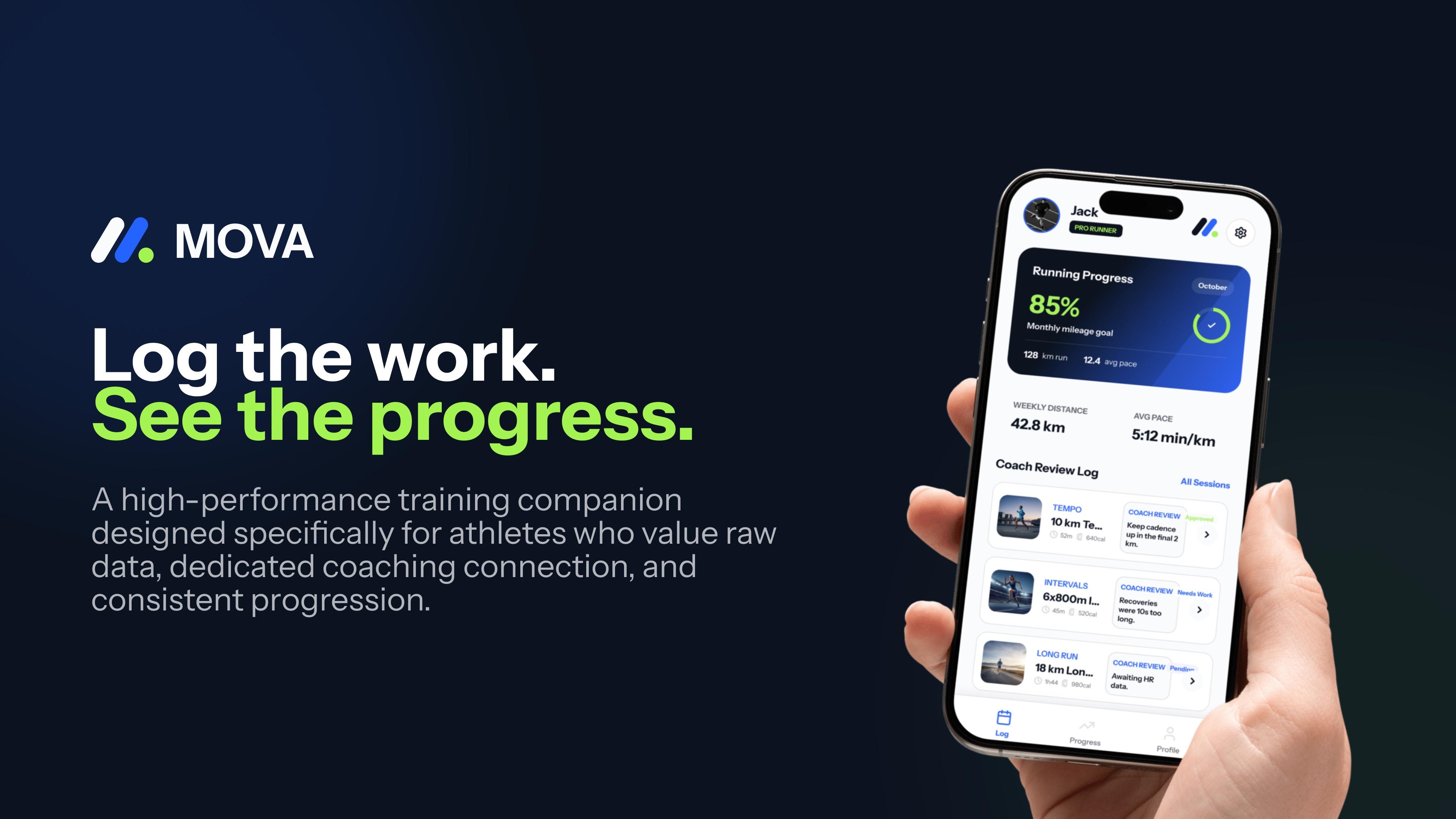 MOVA, a training app branded by Solé: the app on a phone beside the line Log the work. See the progress.