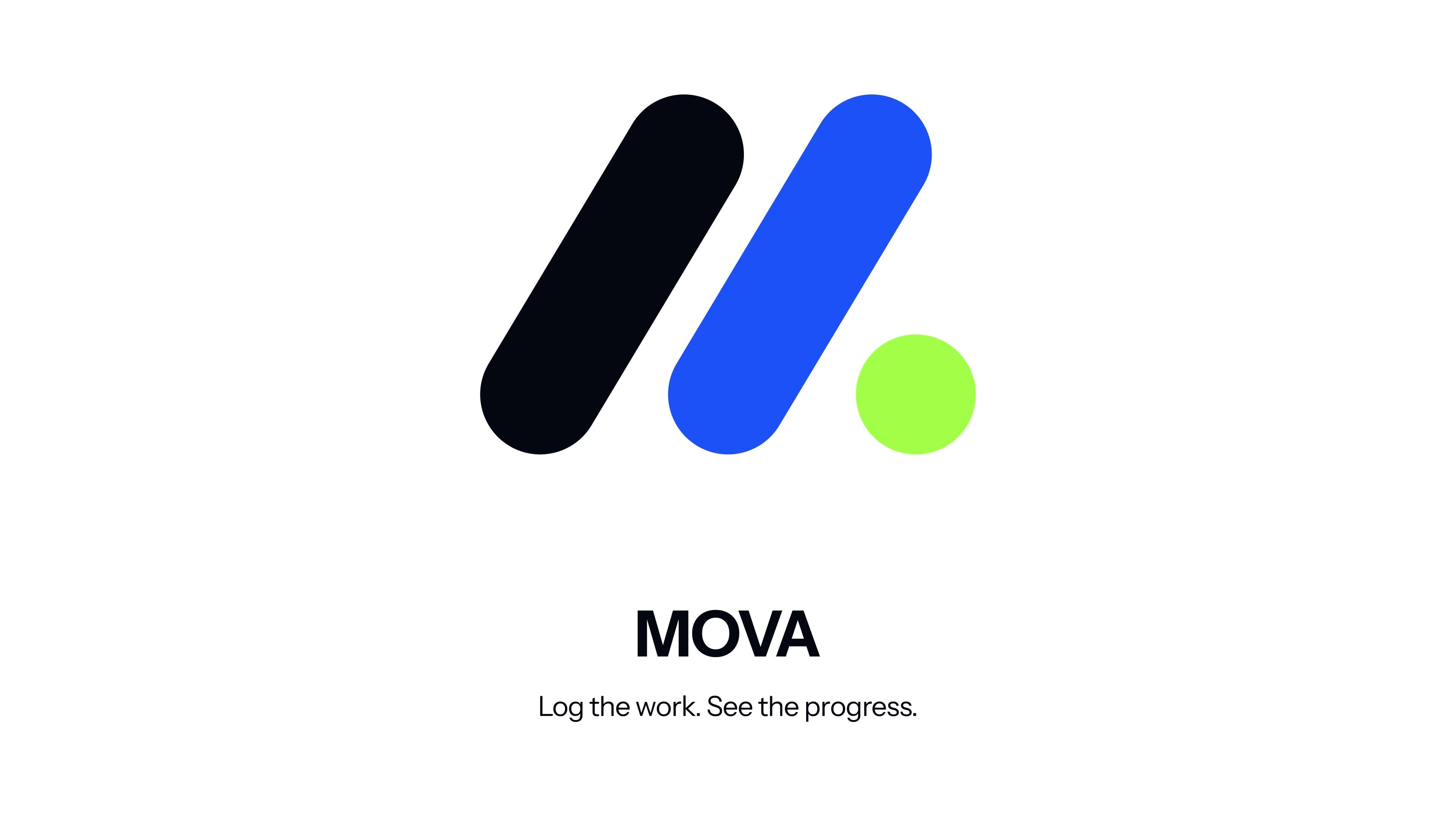 MOVA, a training app branded by Solé: its mark, two slanted strokes and a green dot, on a white poster.
