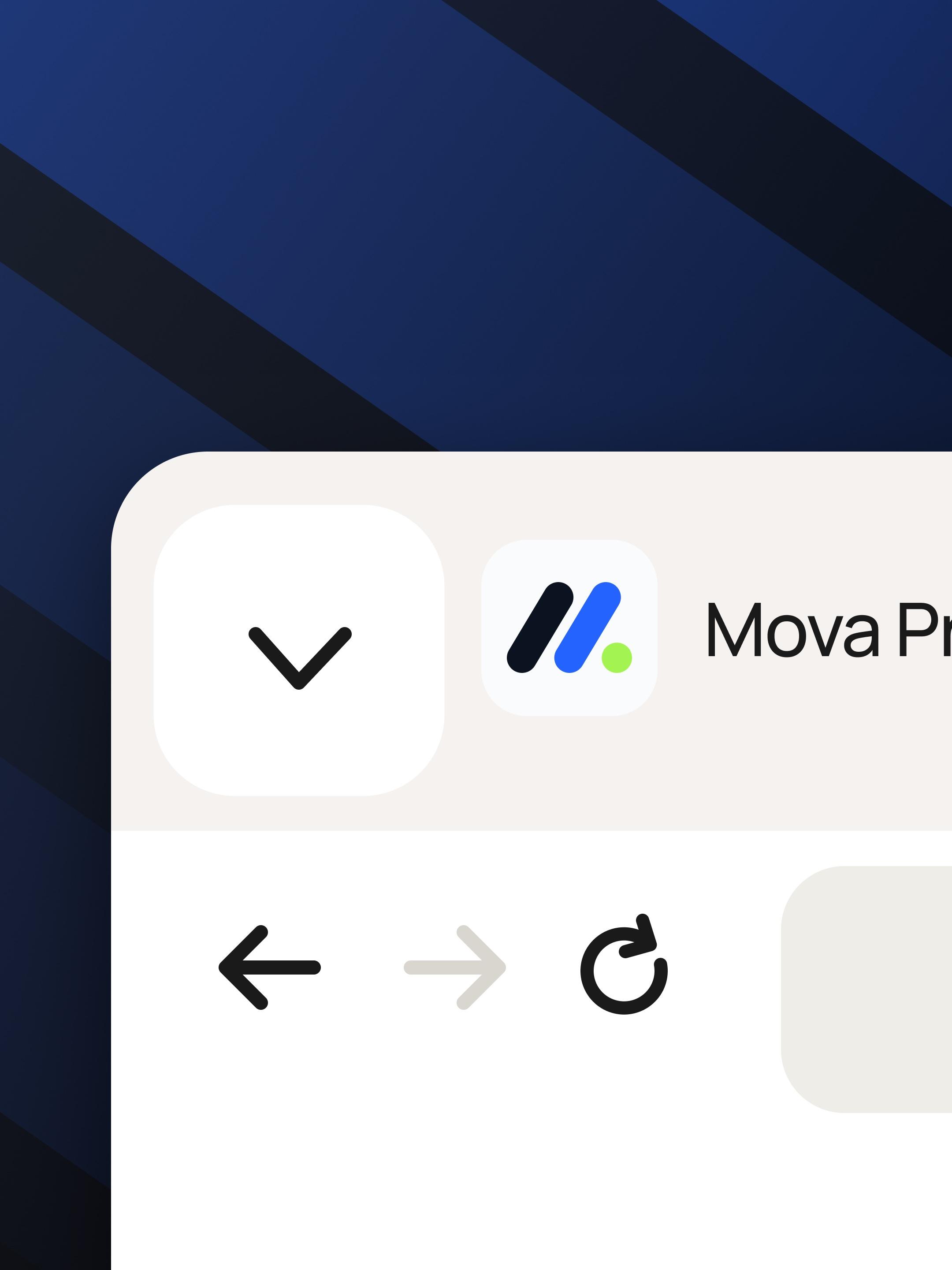 A browser window with the Mova favicon over the brand texture of diagonal midnight and blue bands