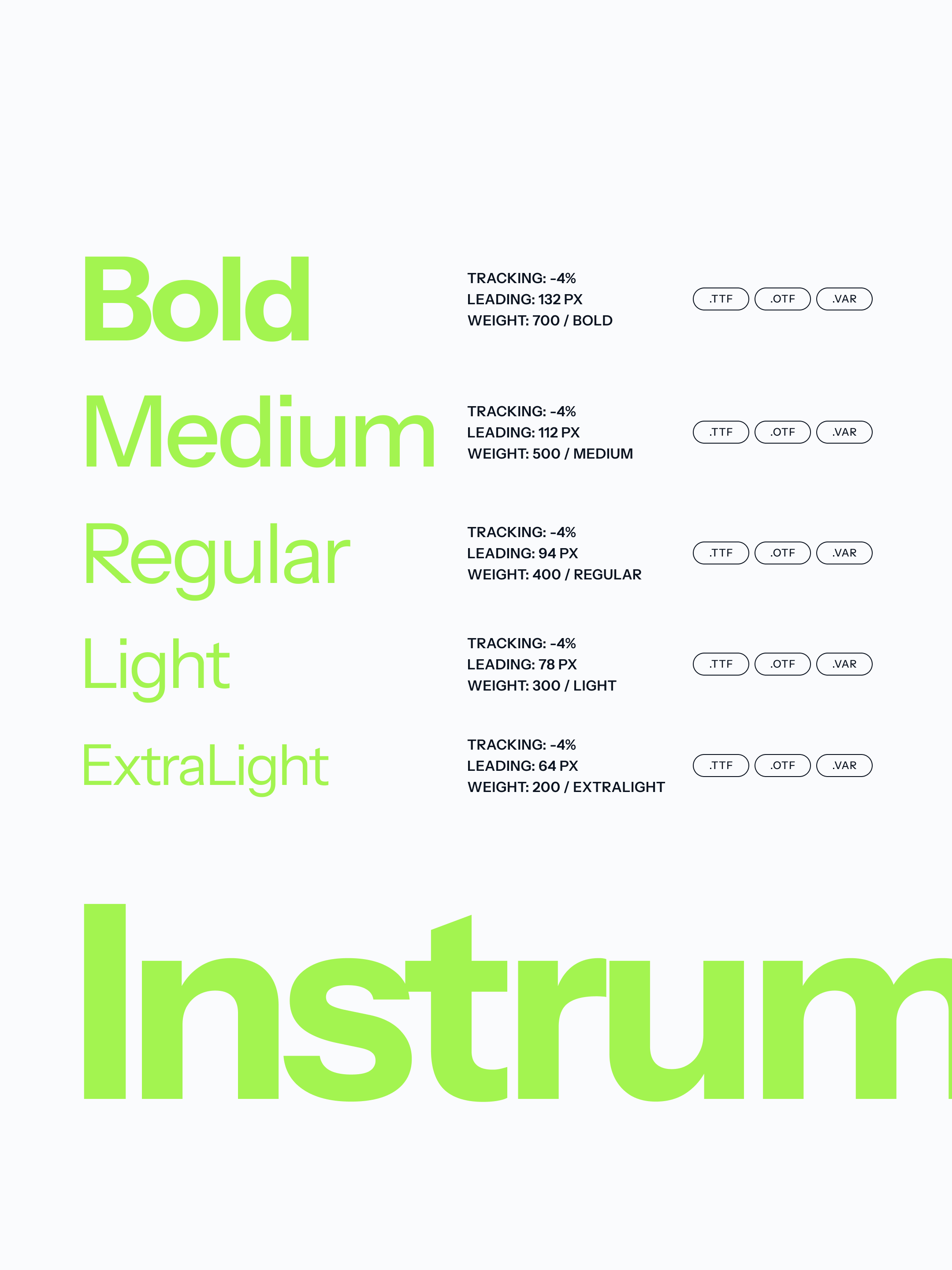 Type specimen of Instrument Sans from ExtraLight to Bold in progress lime, with tracking and leading for each weight
