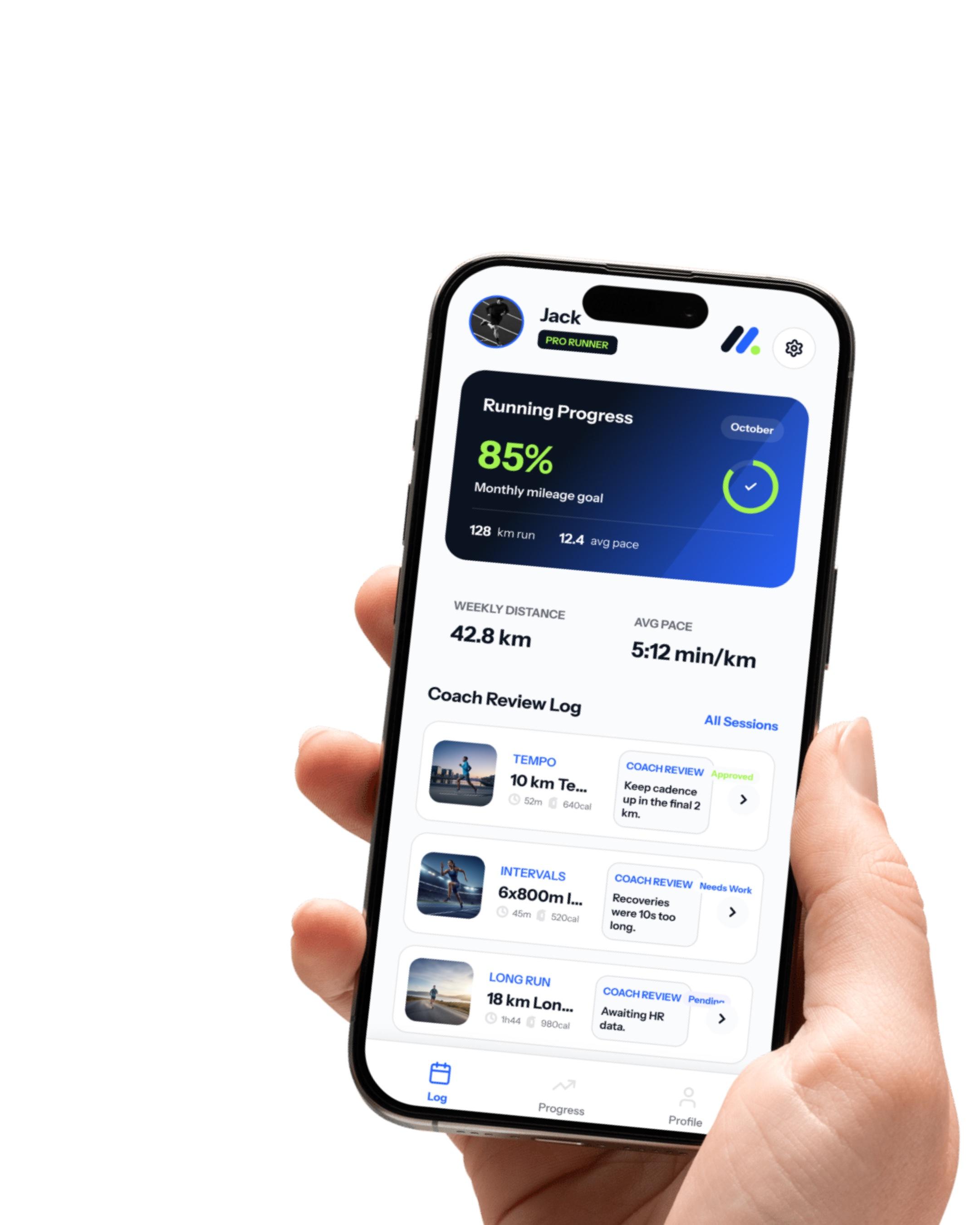 A hand holding the Mova app open on the training log: monthly progress, weekly distance and pace, and the coach's review of each session