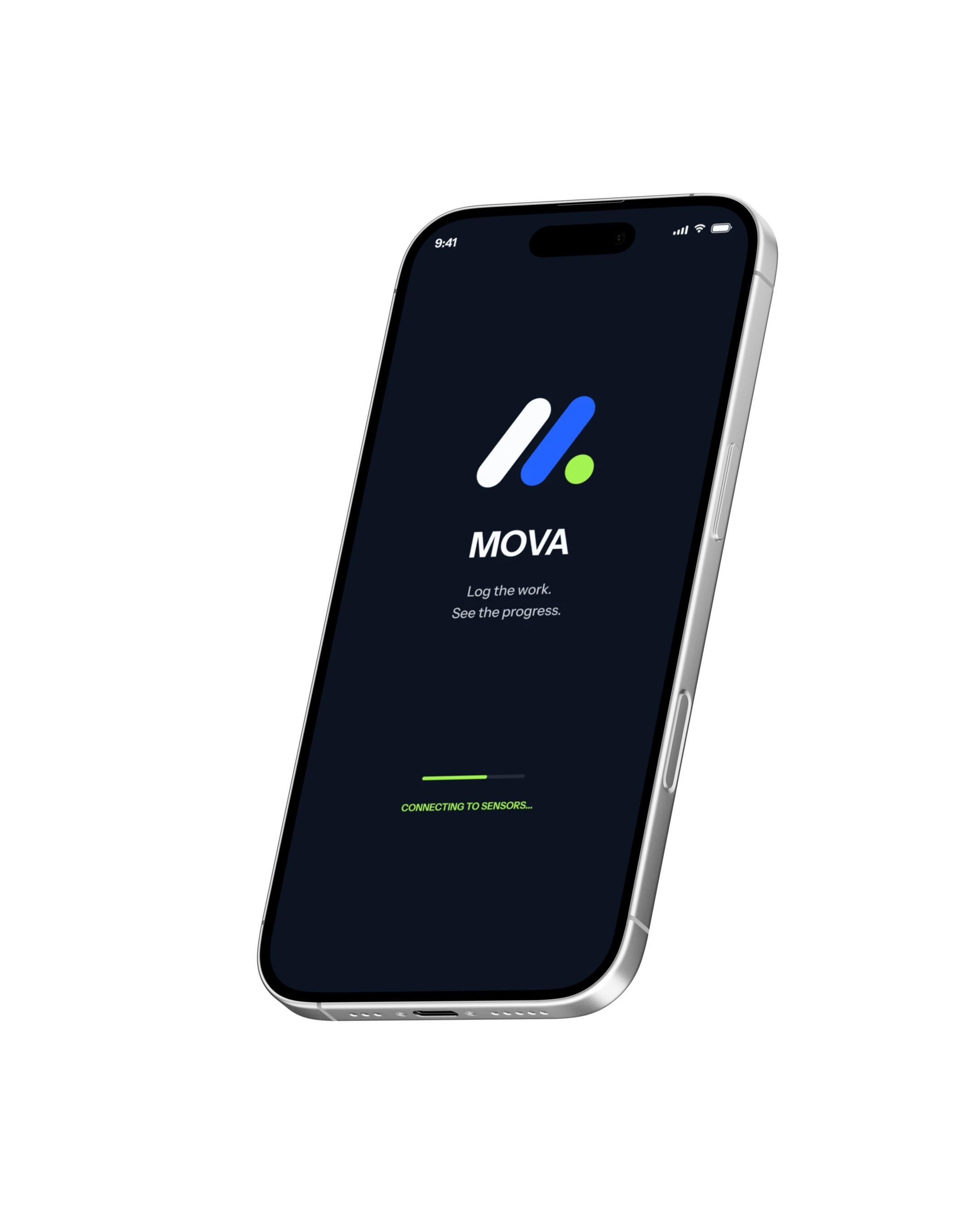 The Mova launch screen on a phone: the mark, the wordmark and the line 'Log the work. See the progress.'