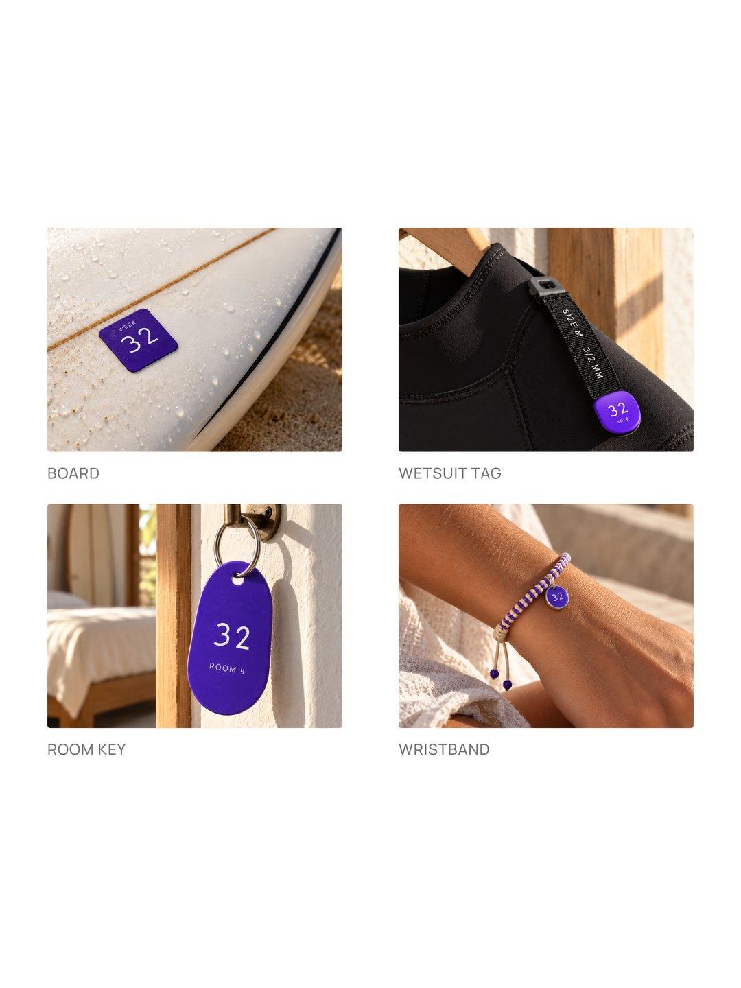 Mockups of the week number on the things guests touch: a surfboard, a wetsuit tag, a room key and a wristband