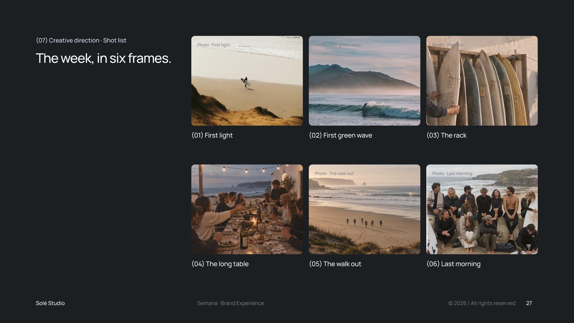 The shot list: the week in six frames, first light, the first green wave, the rack, the long table, the walk out and the last morning